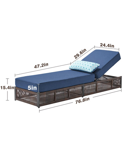 ACTREST Luxury Outdoor Chaise Lounge with 5 Inch Thickened Cushions - 1 Set High Back Brown Wicker Patio Recliners Rattan Reclining Chairs Porch Poolside Pool Sunbathing Lounger - Navy Blue
