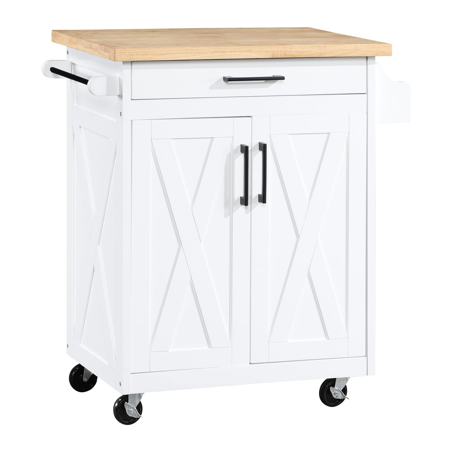 OSP Home Furnishings Bolten Farmhouse Kitchen Cart with Butcher Block Top, Rolling Island with Storage Cabinet and Drawer, 35.5H x 32W x 19D inches, White