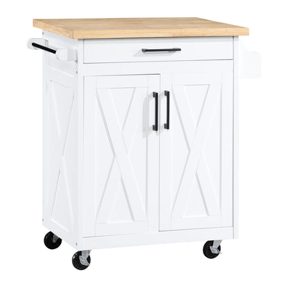 OSP Home Furnishings Bolten Farmhouse Kitchen Cart with Butcher Block Top, Rolling Island with Storage Cabinet and Drawer, 35.5H x 32W x 19D inches, White