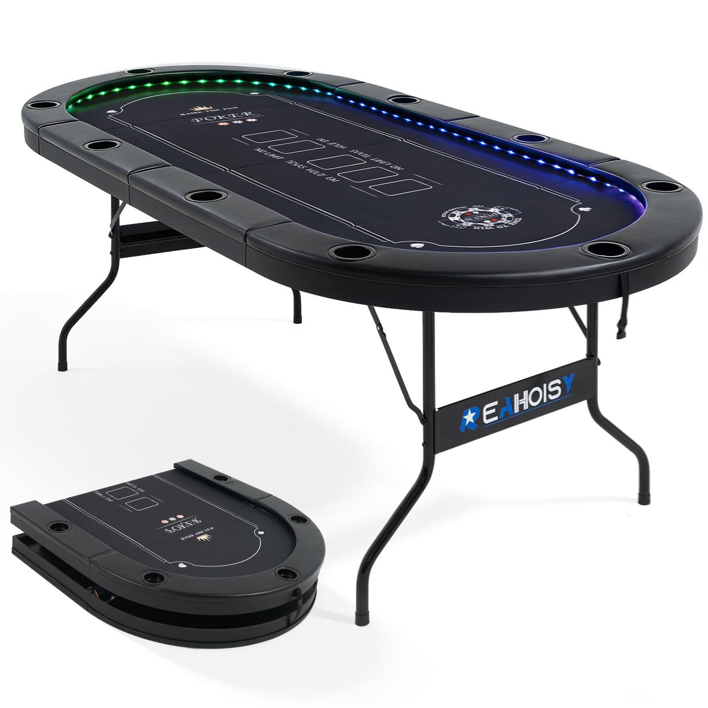 REAHOISY LED Poker Table for 10 Players, 84" Oval Foldable Texas Holdem Casino Table with Tri-Color LED Lights, Board Game Table for Home Game Room with 10 Cup Holders and Padded Armrests