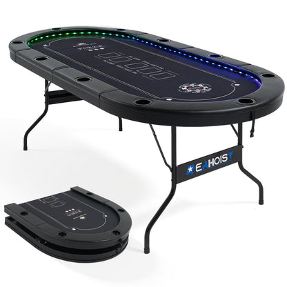 REAHOISY LED Poker Table for 10 Players, 84" Oval Foldable Texas Holdem Casino Table with Tri-Color LED Lights, Board Game Table for Home Game Room with 10 Cup Holders and Padded Armrests