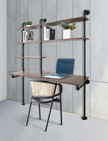 OLDRAINBOW Industrial Pipe Computer Desk with Shelves,Wall Mounted Laptop Desks for Small Spaces,59 inch Bookshelf Narrow Writing Desk with Floating Shelves