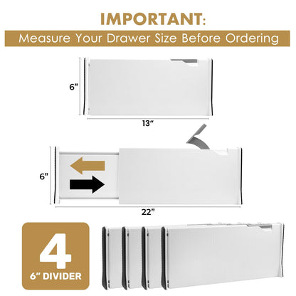 RAPTUROUS Adjustable Deep Drawer Divider – 6" Tall, Expandable 13-22", 4-Pack, Non-Slip Drawer Dividers for Clothes, Dresser, Kitchen & Office Organization (White)