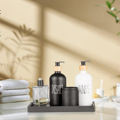 Bathroom Vanity Tray, Black Ceramic Organizer Tray for Counter, Rectangle Soap Dispenser Tray for Bathroom and Kitchen