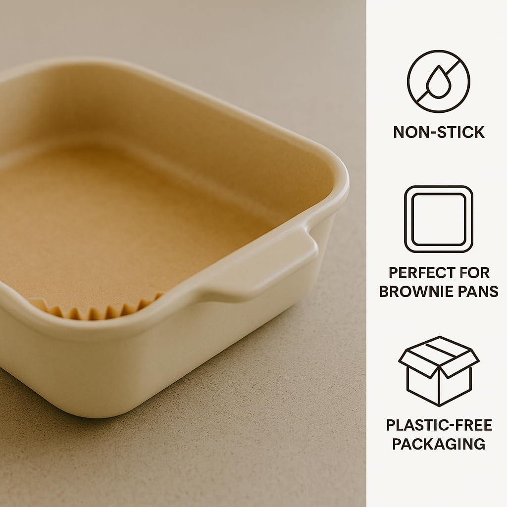 BakeBarn 8 Inch Square Pre-Formed Parchment Paper, Plastic Free Packaging, Natural Unbleached Food Grade Non-Stick Liners, High Heat Safe, Designed in USA, 50 Sheets