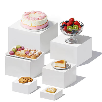 IANFAN 6 Pcs Buffet Risers, Food Risers for Buffet Table, White Acrylic Cube Boxes Display with Hollow Bottoms Display Stand Shelf for Party Cake Dessert Catering Jewelry Collectibles (3"4"5"6"7"8'')