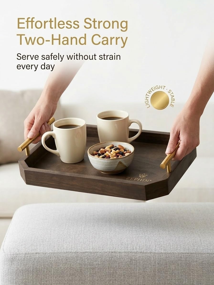 ZEPHINE HOME Luxury Decorative Wooden Serving Trays, Dark Brown Hexagonal Design with Gold Handles, 18x12 in/13.7x8.8 in, Modern Ottoman Tray Set of 2 for Coffee Table, Bar, Home Decor, Serving