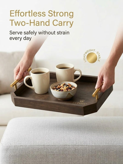 ZEPHINE HOME Luxury Decorative Wooden Serving Trays, Dark Brown Hexagonal Design with Gold Handles, 18x12 in/13.7x8.8 in, Modern Ottoman Tray Set of 2 for Coffee Table, Bar, Home Decor, Serving