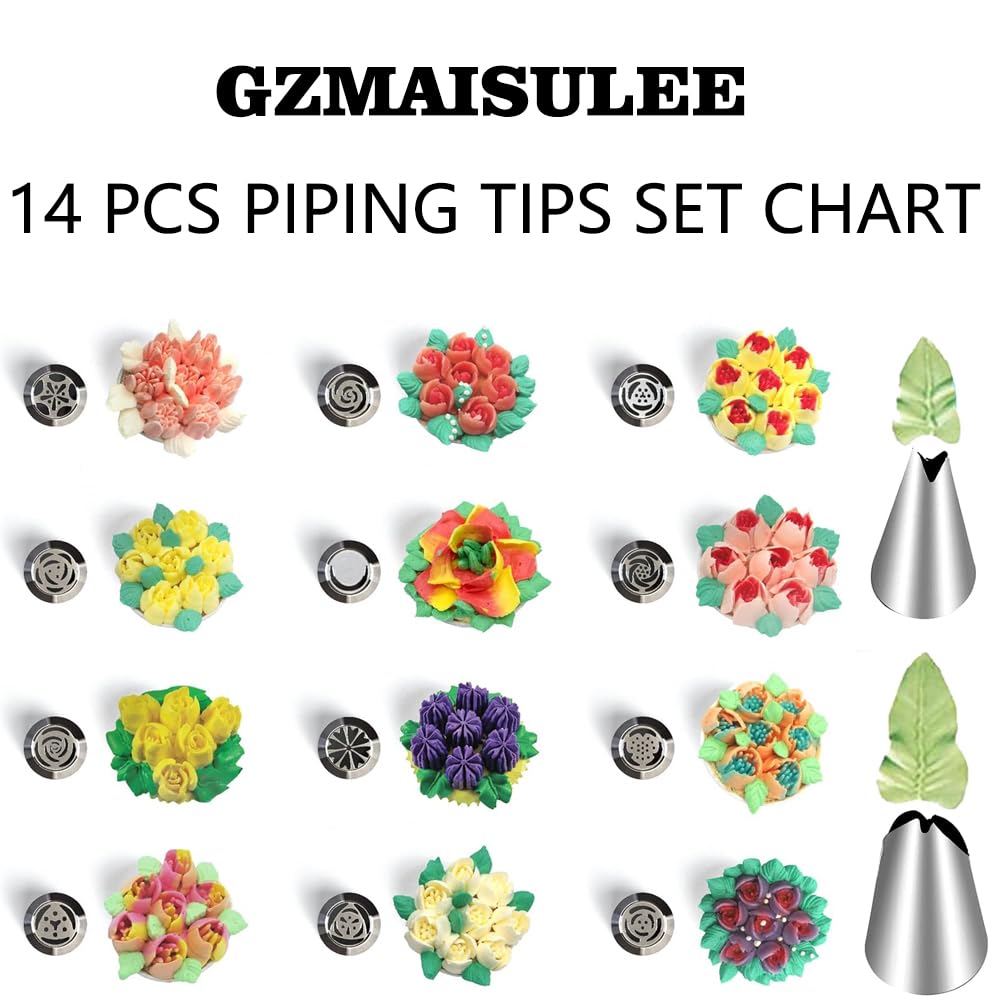 GZMAISULEE 120 PCS Piping Bags and Tips Set 14 In 100 PCS Pastry Bags Cupcake Cookie Cake Decorating Kit 12 Flower Frosting Nozzles 2 Leaf Piping Tips 2 Couplers 2 Icing Bag Ties 1 Tips Brush