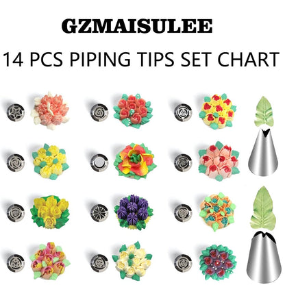 GZMAISULEE 120 PCS Piping Bags and Tips Set 14 In 100 PCS Pastry Bags Cupcake Cookie Cake Decorating Kit 12 Flower Frosting Nozzles 2 Leaf Piping Tips 2 Couplers 2 Icing Bag Ties 1 Tips Brush