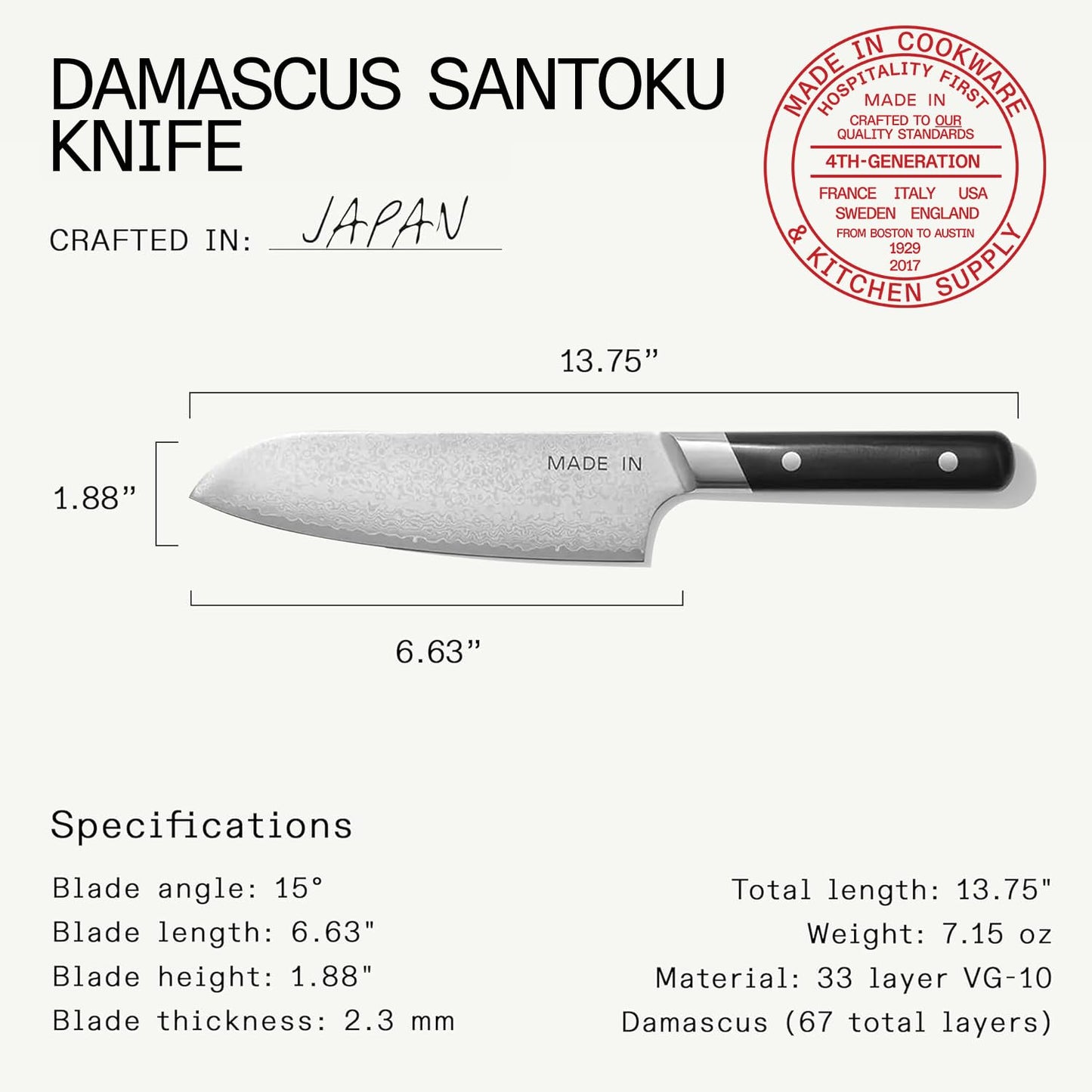 Made In Cookware | 3-piece Japanese Damascus Steel Knife Set (Includes Gyuto, Nakiri and Santoku) | 66 Layers of Damascus Steel with a VG-10 Core | Crafted in Japan | Full Tang With Black POM Handle
