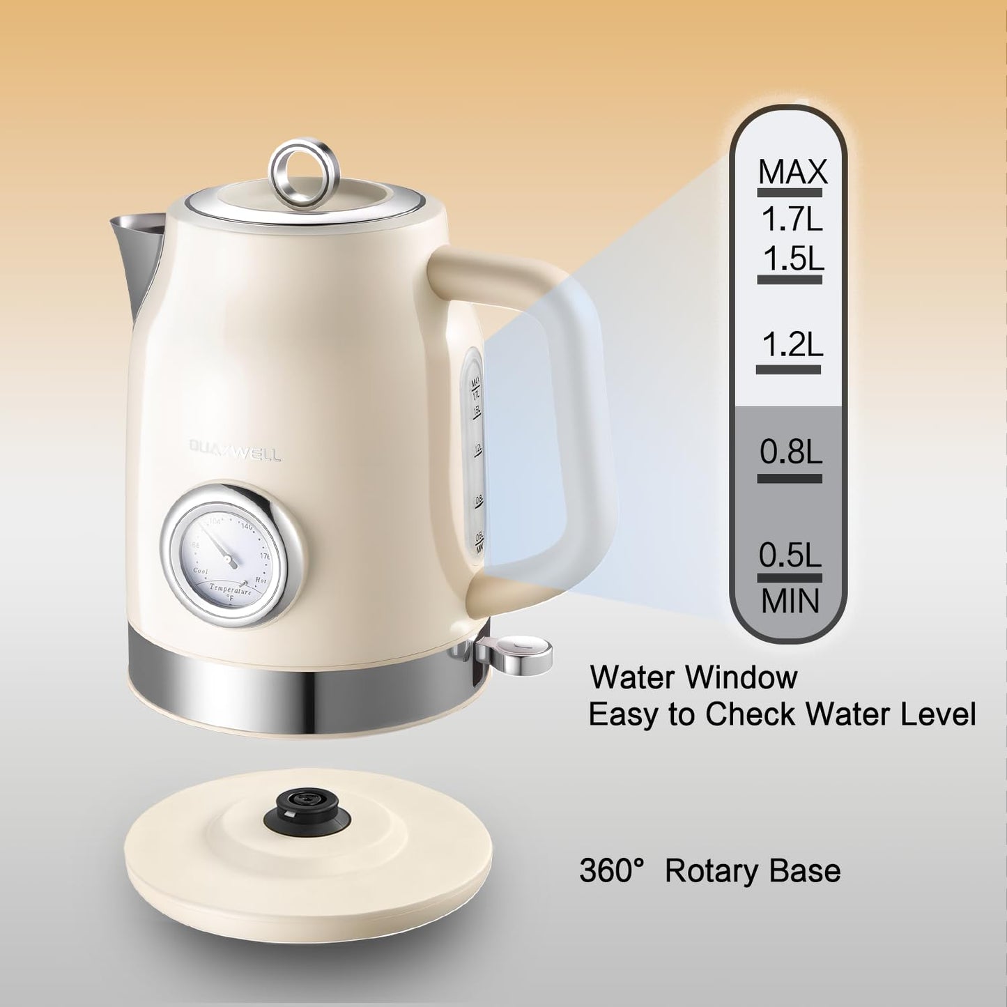 QUAXWELL Retro Electric Kettle, 1.7L 304 Stainless Steel Tea Kettle with Temperature Gauge, 1500W Fast Boiling Water Boiler,Auto Shut-Off & Boil-Dry Protection, BPA-Free, Beige