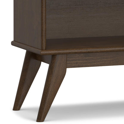 SIMPLIHOME Draper Bookcase - 30 inch Tall Solid Wood Low Bookshelf in Walnut Brown, Mid-Century Modern Storage for Living Room, Study Room or Office with Tapered Legs and Wide Open Shelves