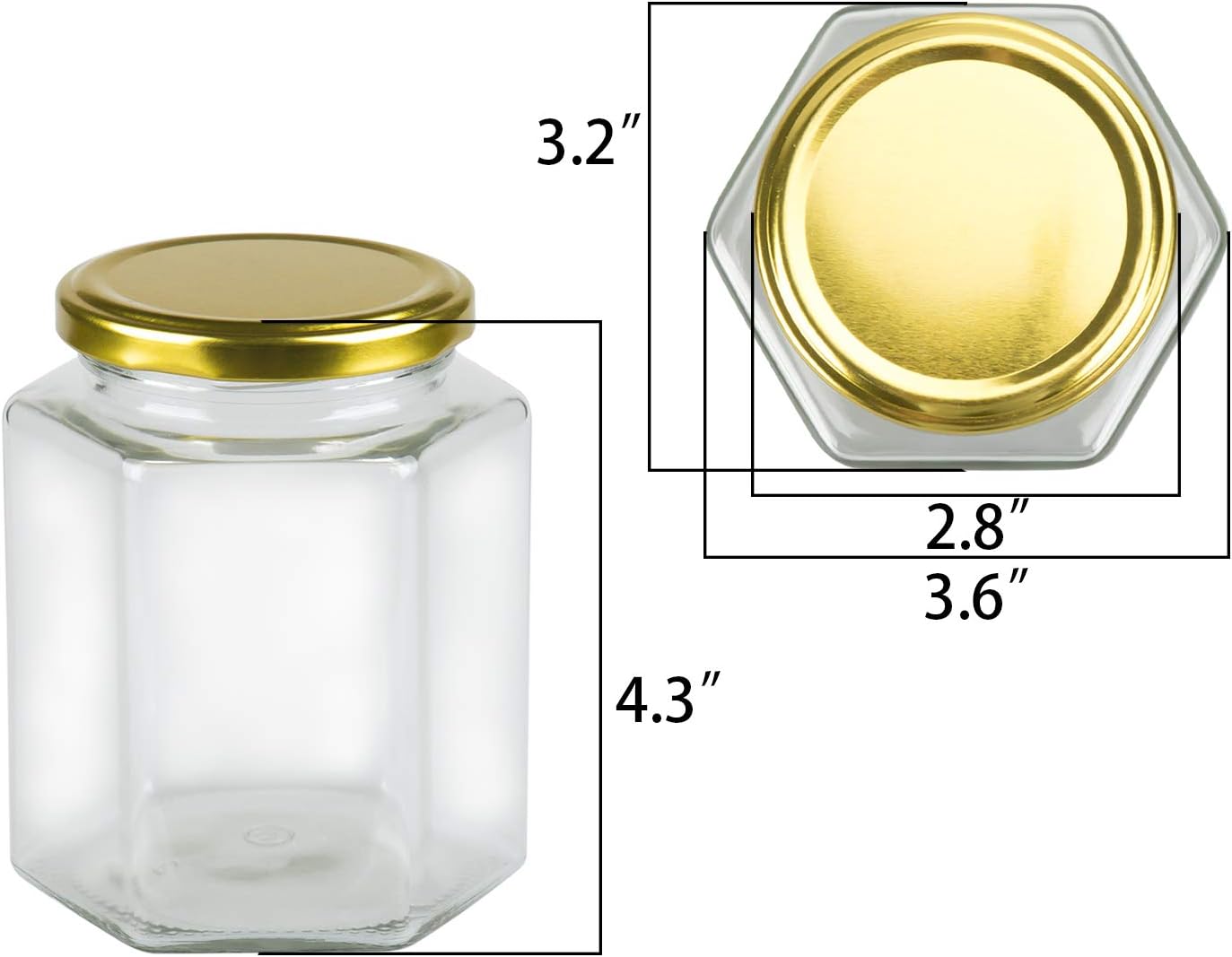 Encheng 16 oz Clear Hexagon Jars with Lids (Golden), Mason Jars for Honey, Foods, Jams, Liquid, Spice Jar, 12 Pack