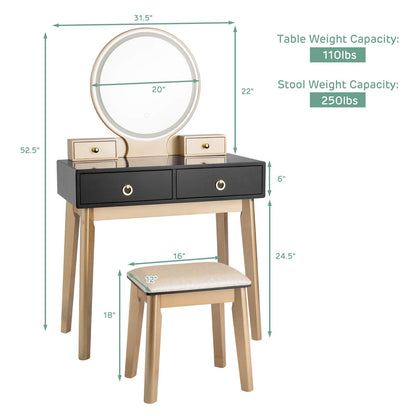 FANTASK Vanity Table Set, LED Lighted Makeup Table w/ 3 Color Round Lighting Mirror Touch Screen 4 Drawers, Makeup Dressing Table w/Cushioned Stool for Bedroom (Black)
