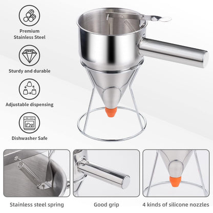 Shoxil 20oz Pancake Batter Dispenser, Multi-Caliber Stainless Steel Funnel Cake Dispenser with Stand Great for Pancakes, Cupcakes or Any Baked Goods