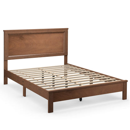 KOMFOTT Full Size Wood Platform Bed Frame with Headboard, Wooden Mid Century Platform Bed with Slat Support & Under Bed Storage, Mattress Foundation Bed Base, No Box Spring Needed, Walnut