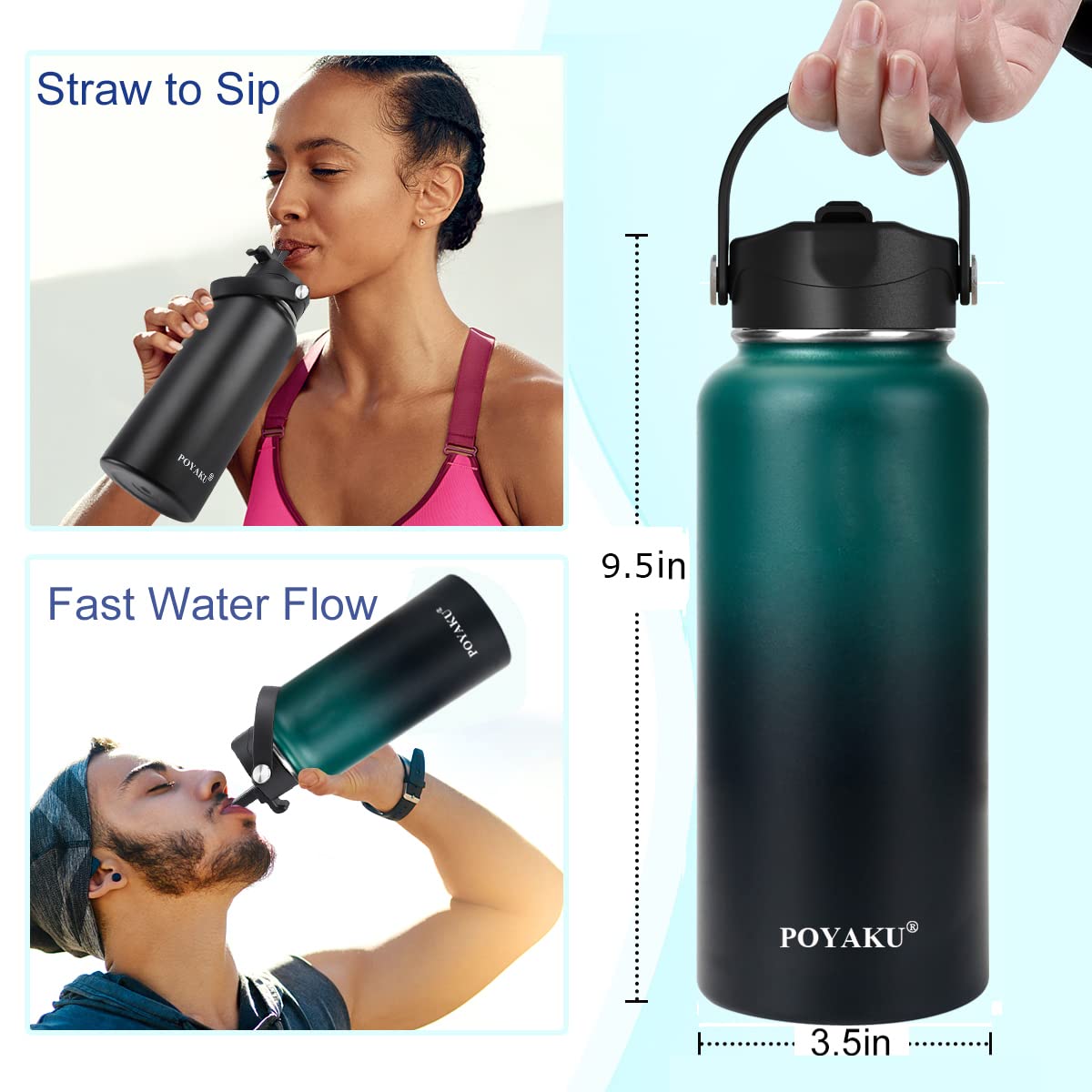 Water Bottle Insulated 32oz 40oz 64oz 128oz Straw Lid Spout Lid & 3 Lids, Leak Proof, Vacuum Insulated,Stainless Steel Water Bottle Wide Mouth for Sports, Gym or Office (Indigo Crush, 32 oz)