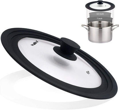 Universal Lid for Small Pots, Pans, Skillets & Frying Pan - Fits 6.5", 7" & 8" Diameter Cookware - Tempered Glass