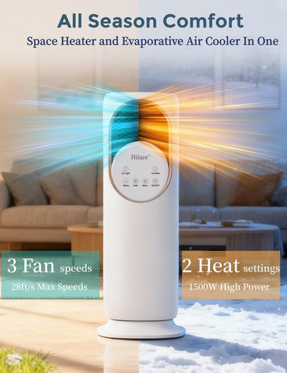 Hiluce 4-IN-1 Evaporative Air Swamp Cooler,Quiet Fan and Heater Combo,28 ft/s Tower Fans that Blow Cold Air,Removable Water Tank,Ice Packs,180°Oscillating,2 Heating & 3 Cooling Speeds,9H Timer