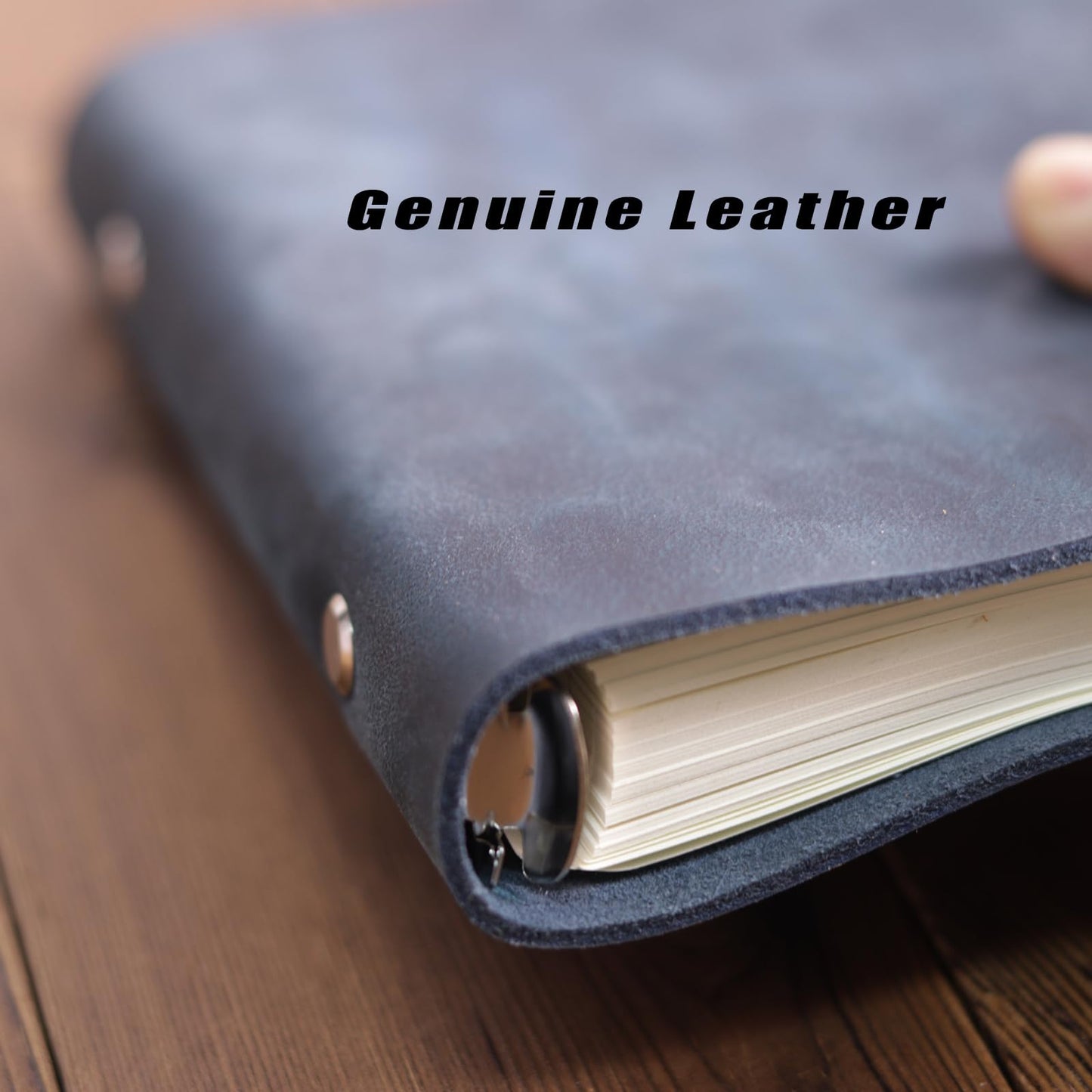 Fishknow A6 Refillable Notebook,Blue Genuine Leather 5x7In 6 Ring Binder Journal for Women Men