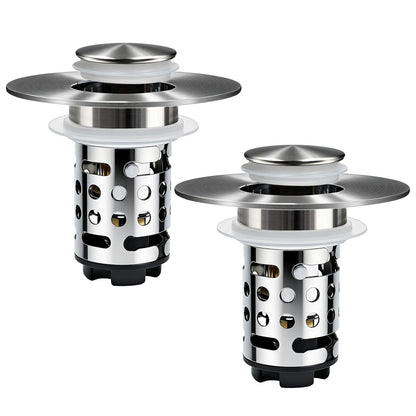 Upgraded 3 in 1 Bathroom Sink Drain Strainer, Universal Pop Up Stopper with Removable Stainless Steel Filter Basket Hair Catcher, Sink Plug for 1.1''~2.36'' Basin, Brushed Nickel Finish(2PC)