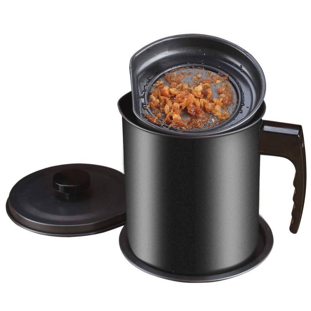 Ourokhome Bacon Grease Container with Strainer- 1.3 L or 5.2 Cup Iron Kitchen Oil Storage Can with Fine Mesh Strainer for Storing Hot Frying Oil, Fat (Black)