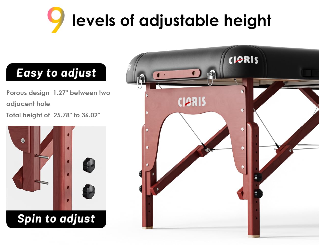 CLORIS 84" Luxury Massage Table Portable 2 Folding Lightweight Facial Salon Spa Tattoo Bed Height Adjustable with Carrying Bag & Wooden Leg Hold Up to 1500LBS