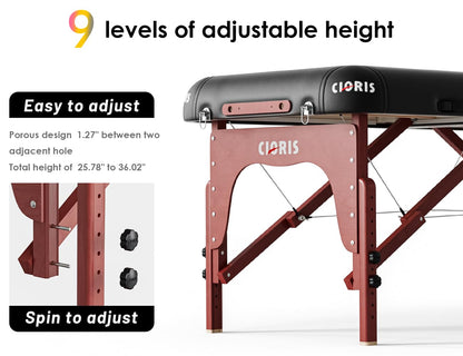 CLORIS 84" Luxury Massage Table Portable 2 Folding Lightweight Facial Salon Spa Tattoo Bed Height Adjustable with Carrying Bag & Wooden Leg Hold Up to 1500LBS