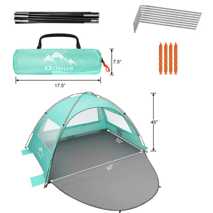 Oileus Beach Tent 2-3 Person Portable Sun Shade Shelter UV Protection, Extended Floor Ventilating Mesh Roll Up Windows Carrying Bag Stakes 6 Sand Pockets Fishing Hiking Camping, Light Green