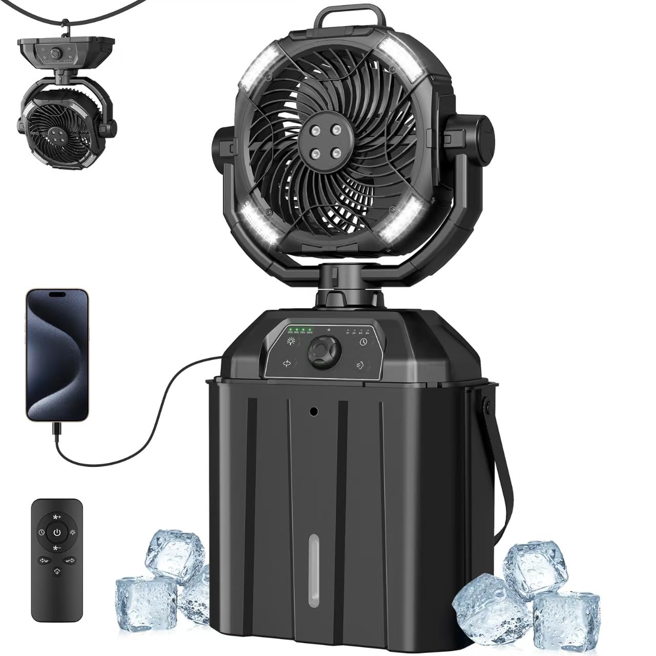 NYXQUARK Portable Misting Fan with 25000mAh Reverse Charging & Remote Control, Auto-Oscillating LED Outdoor Cooling Fan, Stepless Speed, Waterproof Design for Camping, Patio, Pets, Garden Use (Black)