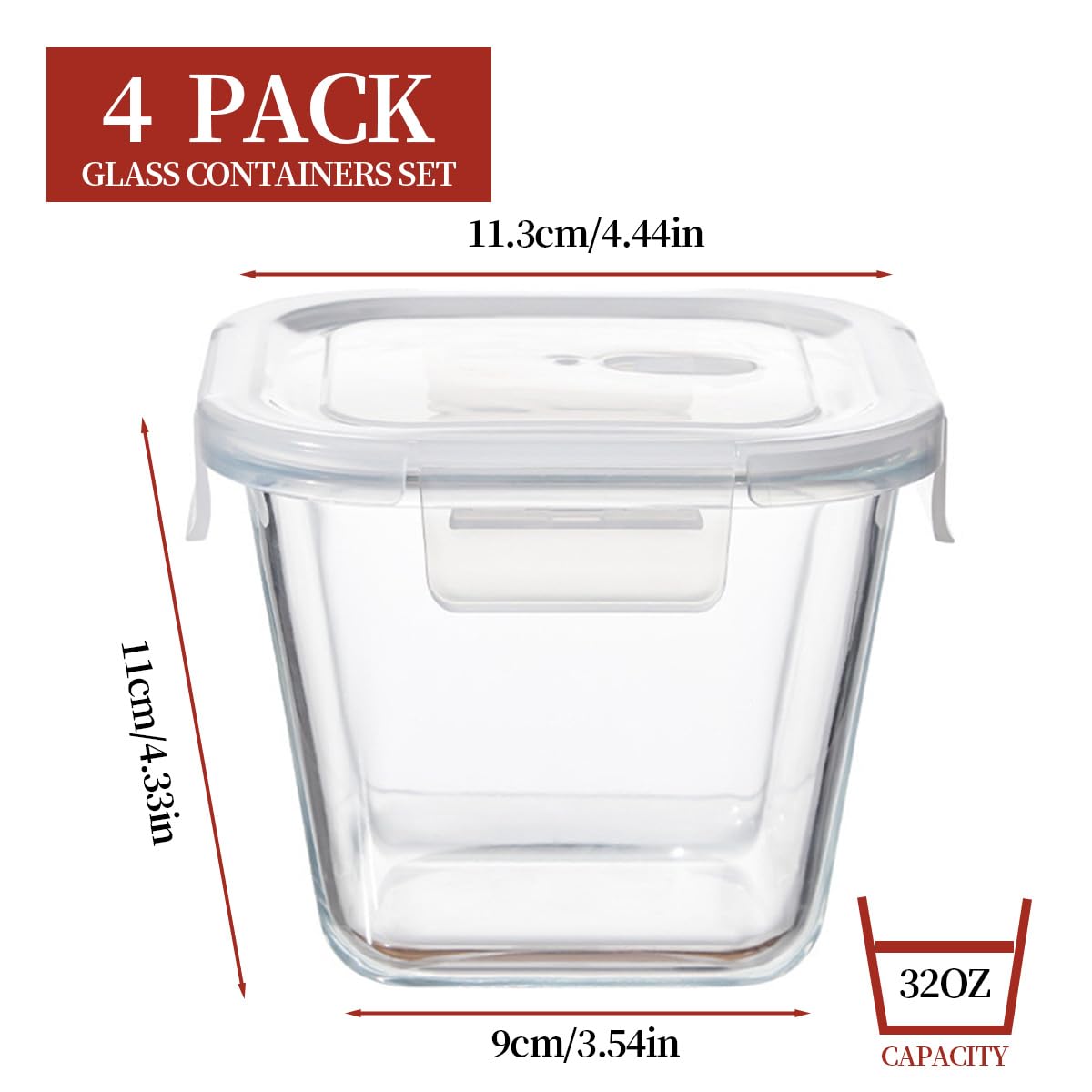 H.JSS WDJS 4 Cup Square Glass Food Storage Container with Lids, Square Glass Soup Container with Airtight Lids, 32 OZ Food Prep Bowls for Leftovers, Salad, Microwave、Fridge、Dishwasher Safe (4 Pack)