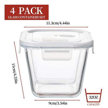 H.JSS WDJS 4 Cup Square Glass Food Storage Container with Lids, Square Glass Soup Container with Airtight Lids, 32 OZ Food Prep Bowls for Leftovers, Salad, Microwave、Fridge、Dishwasher Safe (4 Pack)