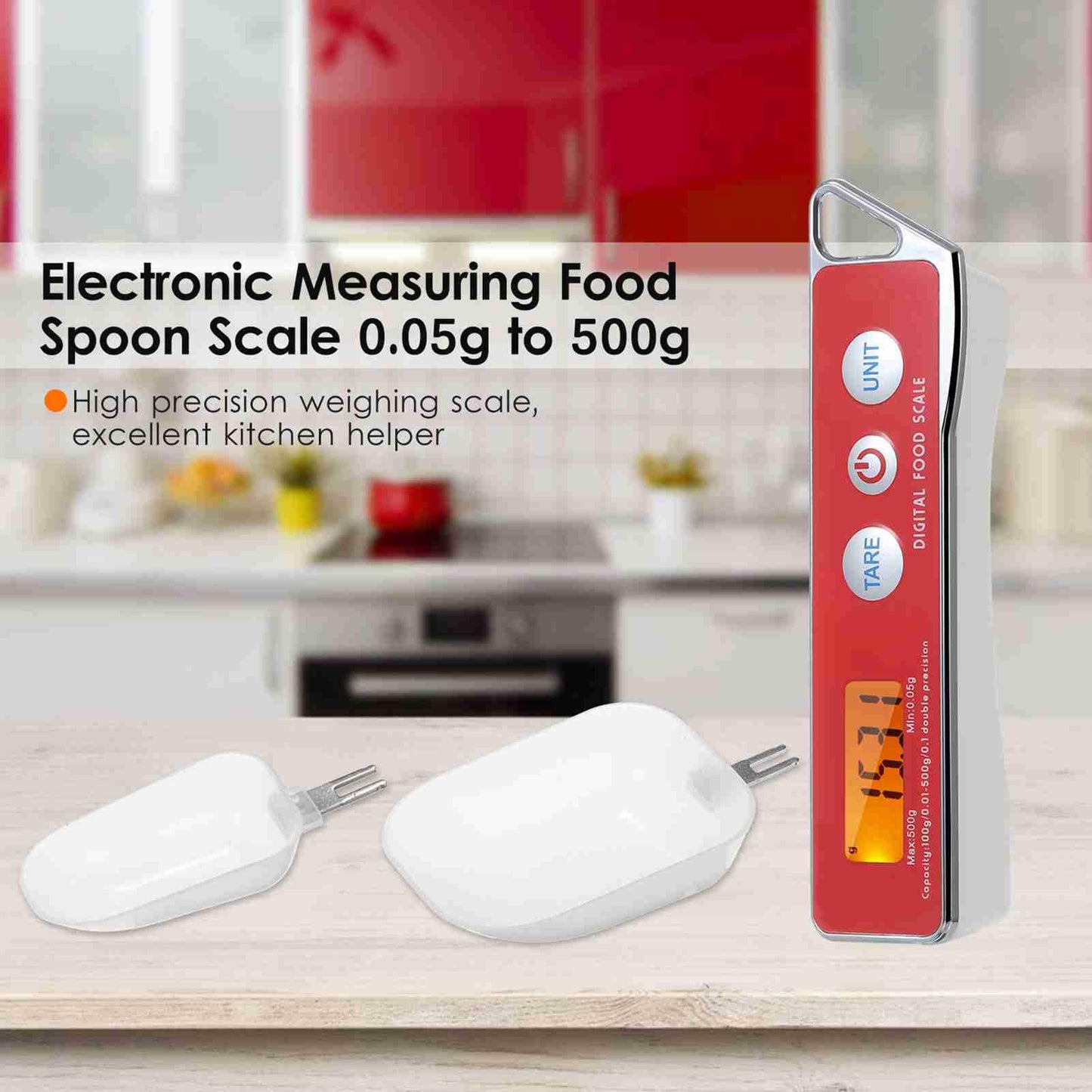 Kitchen Digital Measuring Spoon Food Scale, Digital Spoon Scale Electronic Measuring Spoon Scale Kitchen Food Tare Capacity 0.05g to 500g g, Digital Food Measuring Scoop Scale for Cooking (Red)