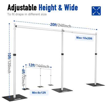 Hecis Heavy Duty Backdrop Stand, 10x20ft Pipe and Drape Stand Kit, Adjustable Decoration Stand, Back Drop Stand for Party Event, Trade Shows & Wedding Decor