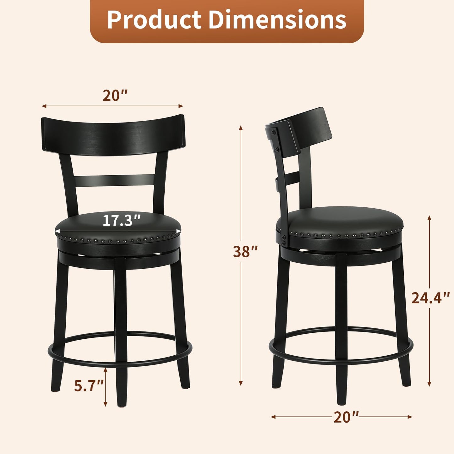 FDW Swivel Counter Height Bar Stools Set of 2 with Back, 24 Inch Upholstered Bar Stools, 360° Swivel Seat with Footrest, Black