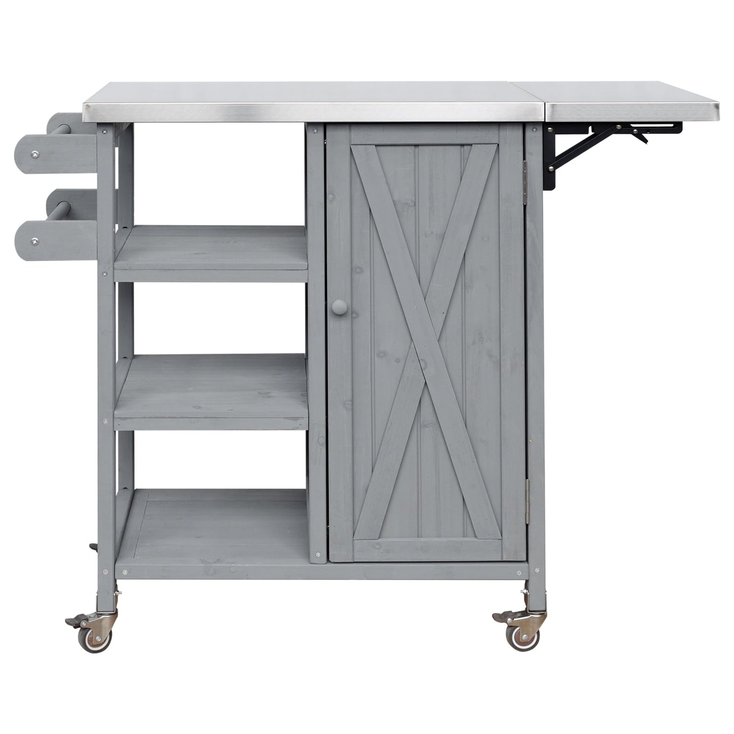 Foldable Outdoor Kitchen Island Cart with Stainless Steel Top, Rolling Grill Table with Storage Cabinet Shelves and Double Towel Rack, Wooden BBQ Prep Station with Lockable Wheels for Patio, Grey