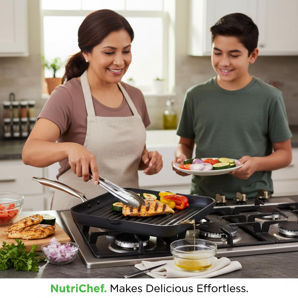 NutriChef 20"x13" Stove Top Grill Pan - Double Burner, Hard-Anodized Non stick Grill & Griddle Pan
