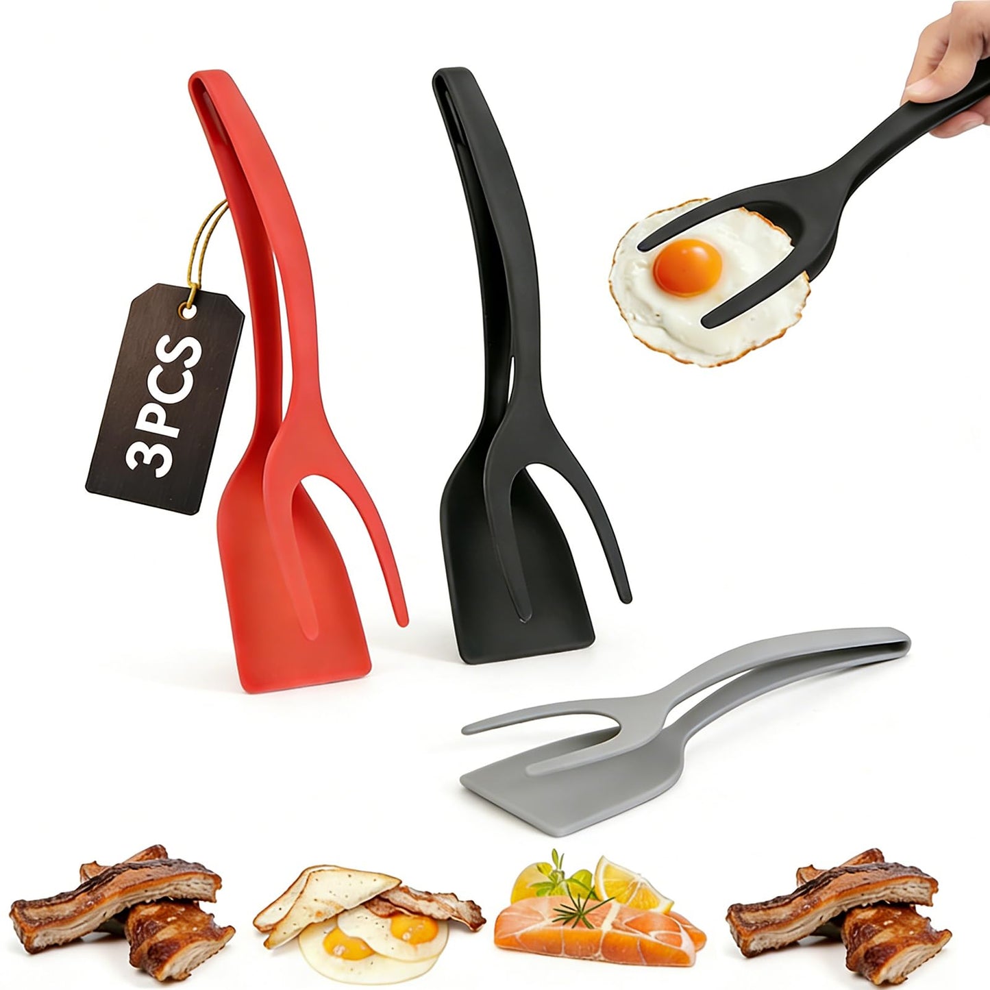 Egg Flipper Spatula Tongs 2-in-1,Ergonomic Handle, Withstands High Temperatures, Suitable for making hash browns, hamburgers, steaks, fried eggs, and pancakes (3 Pack)