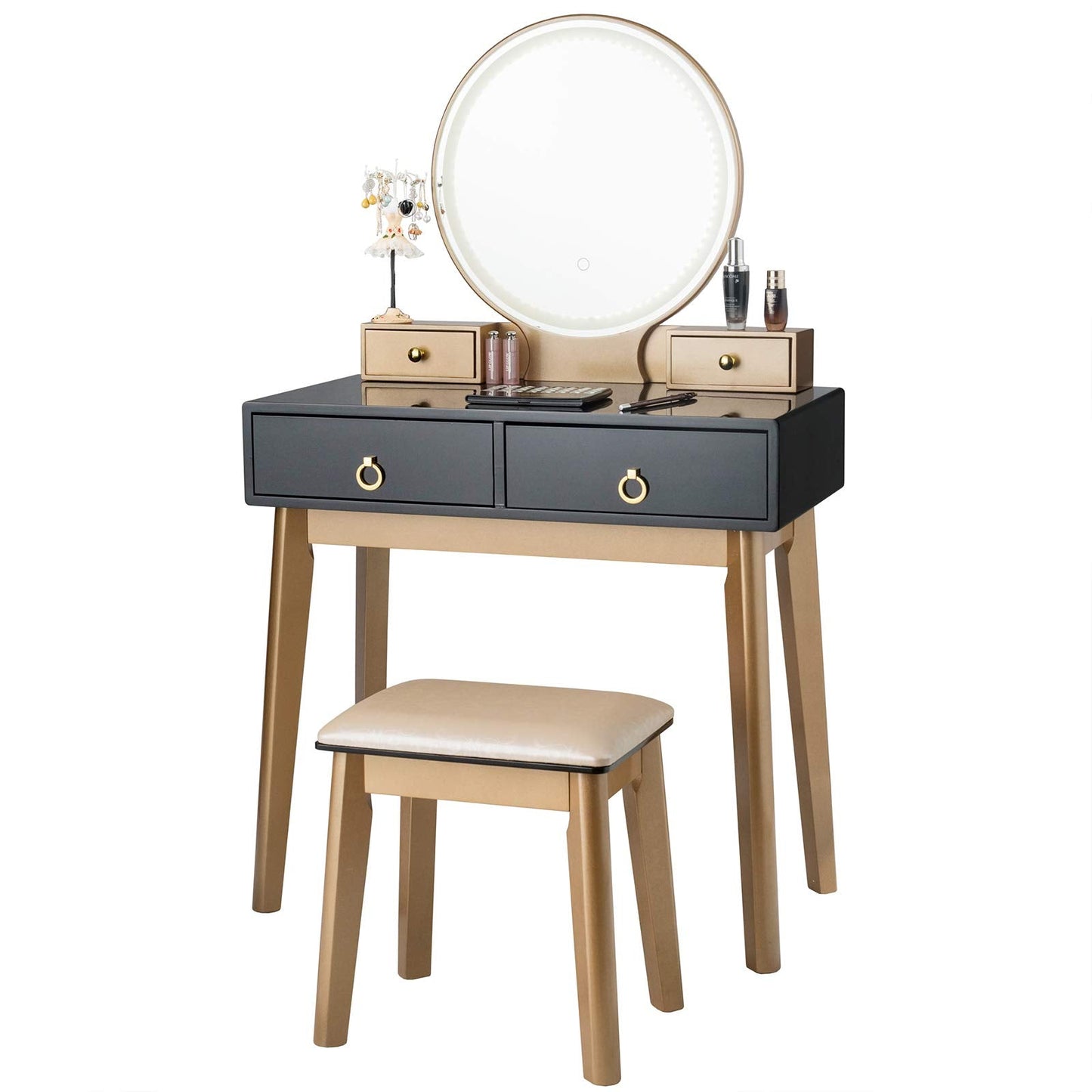 FANTASK Vanity Table Set, LED Lighted Makeup Table w/ 3 Color Round Lighting Mirror Touch Screen 4 Drawers, Makeup Dressing Table w/Cushioned Stool for Bedroom (Black)