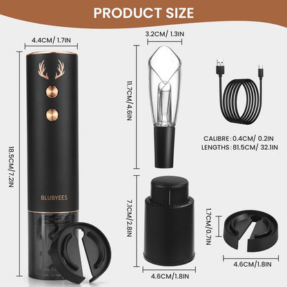 BLUBYEES 4-in-1 Rechargeable Electric Wine Opener Set - Automatic Corkscrew, Foil Cutter, Aerator Pourer, Vacuum Stopper - Wine Lovers Gifts for Women and Men