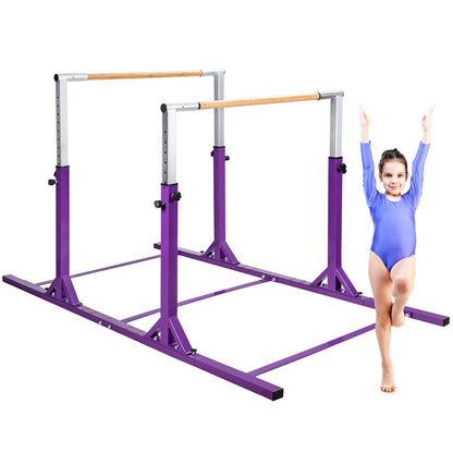 GOFLAME Double Horizontal Bars, Gymnastics Parallel Bars with Adjustable Height and Width, Junior Training Gym Bar for Kids, Ideal for Indoor Outdoor Use (Purple)