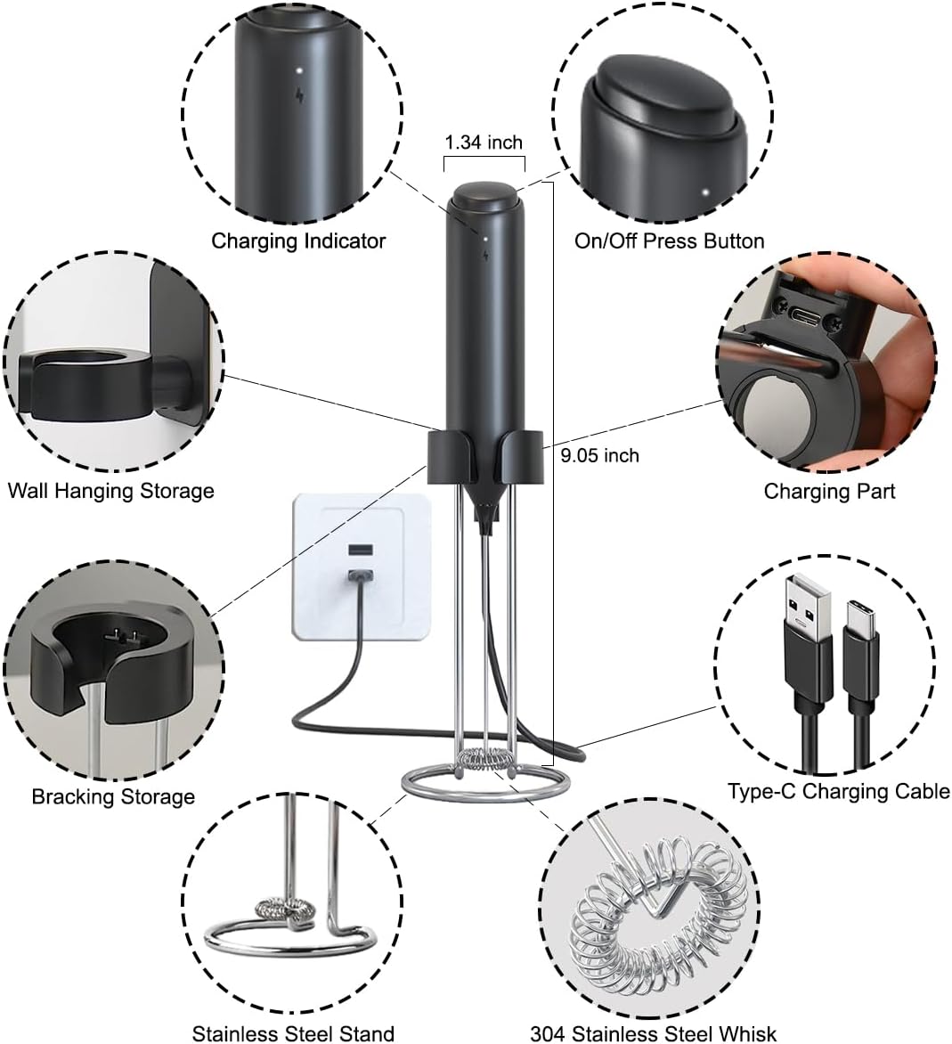 Handheld Milk Frother Wand Rechargeable with Stand for Latte, Electric Whisk Coffee Frother, Drink Mixer