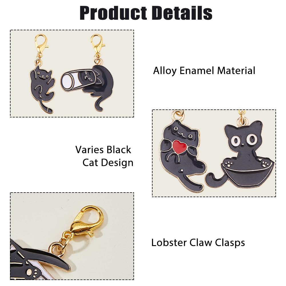 Hobbspring 24Pcs Stitch Markers for Crocheting and Knitting 8 Styles Black Cat Alloy Lobster Clasps Enamel Locking Charms Durable Craft for Knitting Earring Jewelry Making Accessories