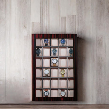 TIMELYBUYS 30 Piece Ebony Wood Watch Display Wall Hanging Case and Storage Organizer Box and Stand Father's Day Gift