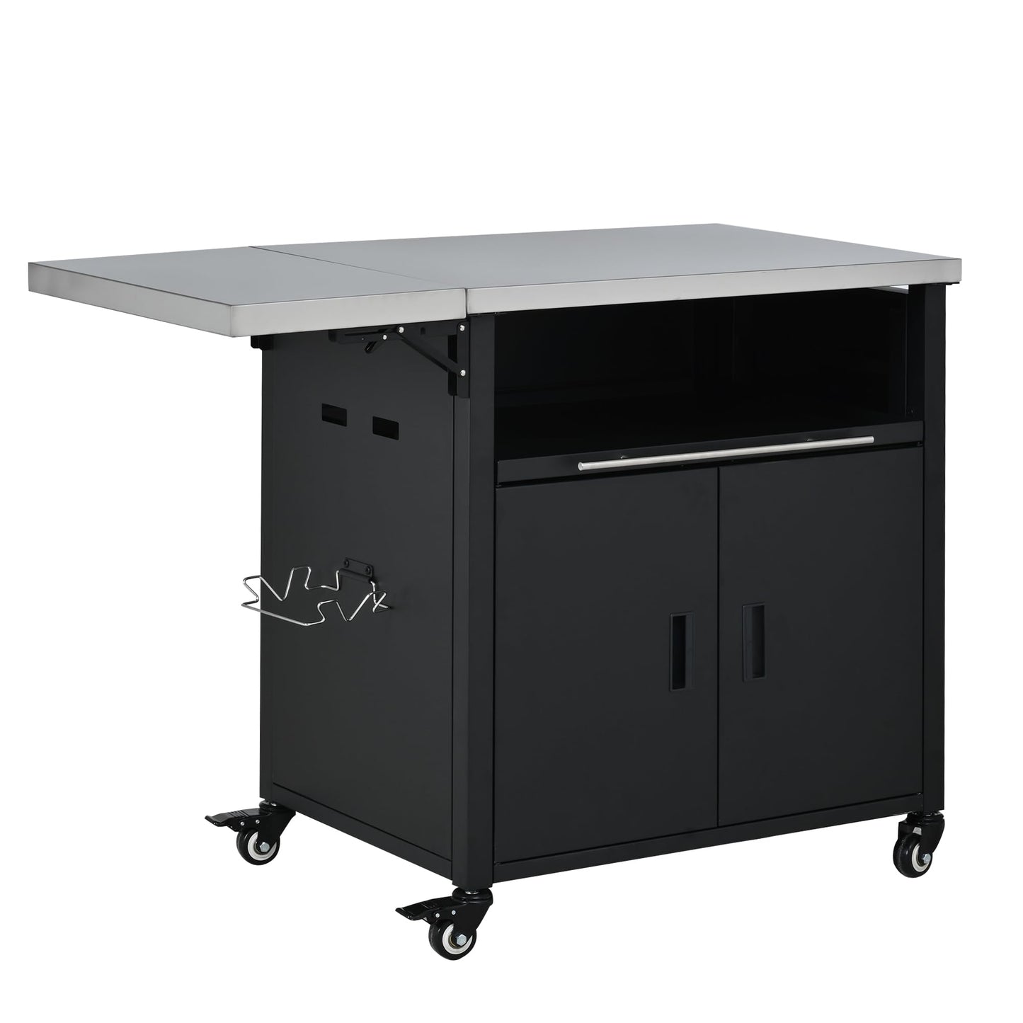 Outdoor Folding Kitchen Cart with Dual Stainless Steel Tops, Rolling Grill Prep Table with Cabinet Drawer and Trash Rack, Portable BBQ Serving Cart with Lockable Wheels for Patio Backyard, Black
