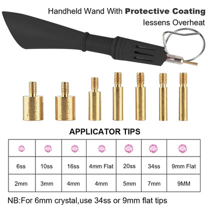 Hotfix Rhinestone Applicator, 7 in 1 Professional Iron-on DIY Hot Fix Tool Rhinestone Setter Applicator Wand Crystal Gem Tool Kit with 7 Different Sizes Tips, Support Stand (Black)