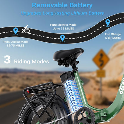 GOKEEP Electric Bike for Adults, Peak 1300W Motor, 75 Miles PAS Range, 52V 13Ah Removable Lithium Battery, Foldable Electric Bicycle, 20MPH 7-Speed Commuter Ebike, Max 330LBS, UL2849 Certified, Green