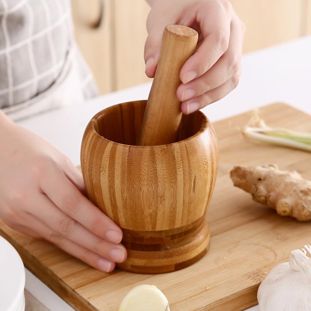 Mortar and Pestle Set, Bamboo Garlic Pounder Mincer Tool for Kitchen, Spice, Coffee, Herb, Ginger (S)