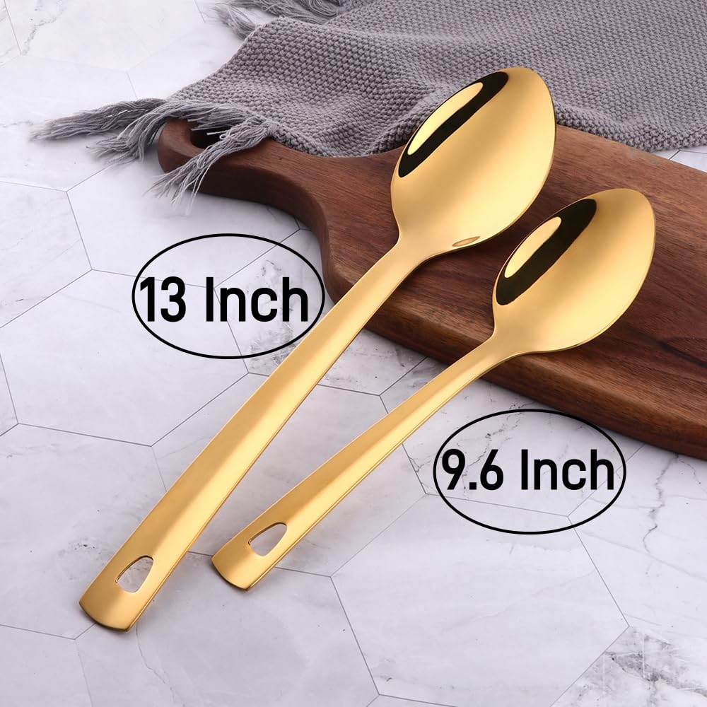 BOOTLION 13-Inch Serving Spoons Set of 4, Stainless Steel Buffet Banquet Spoon，Gold Long Handle Serving Spoons for Catering, Kitchen Dishwasher safe